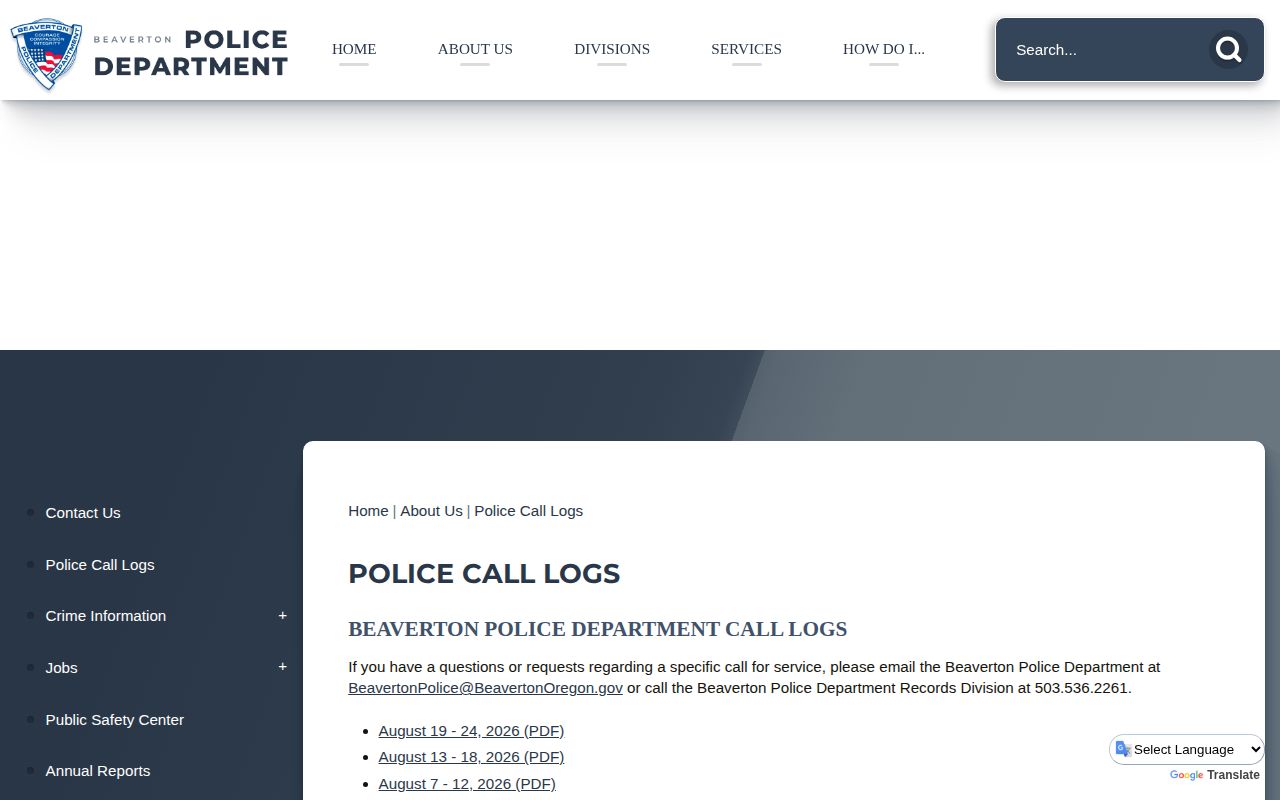 Beaverton Police Call Logs page for Washington County arrest records