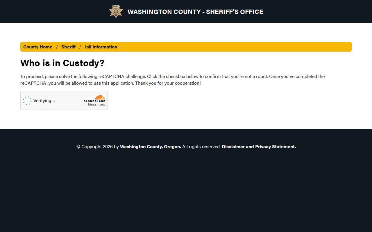 Washington County Jail current-custody roster search interface