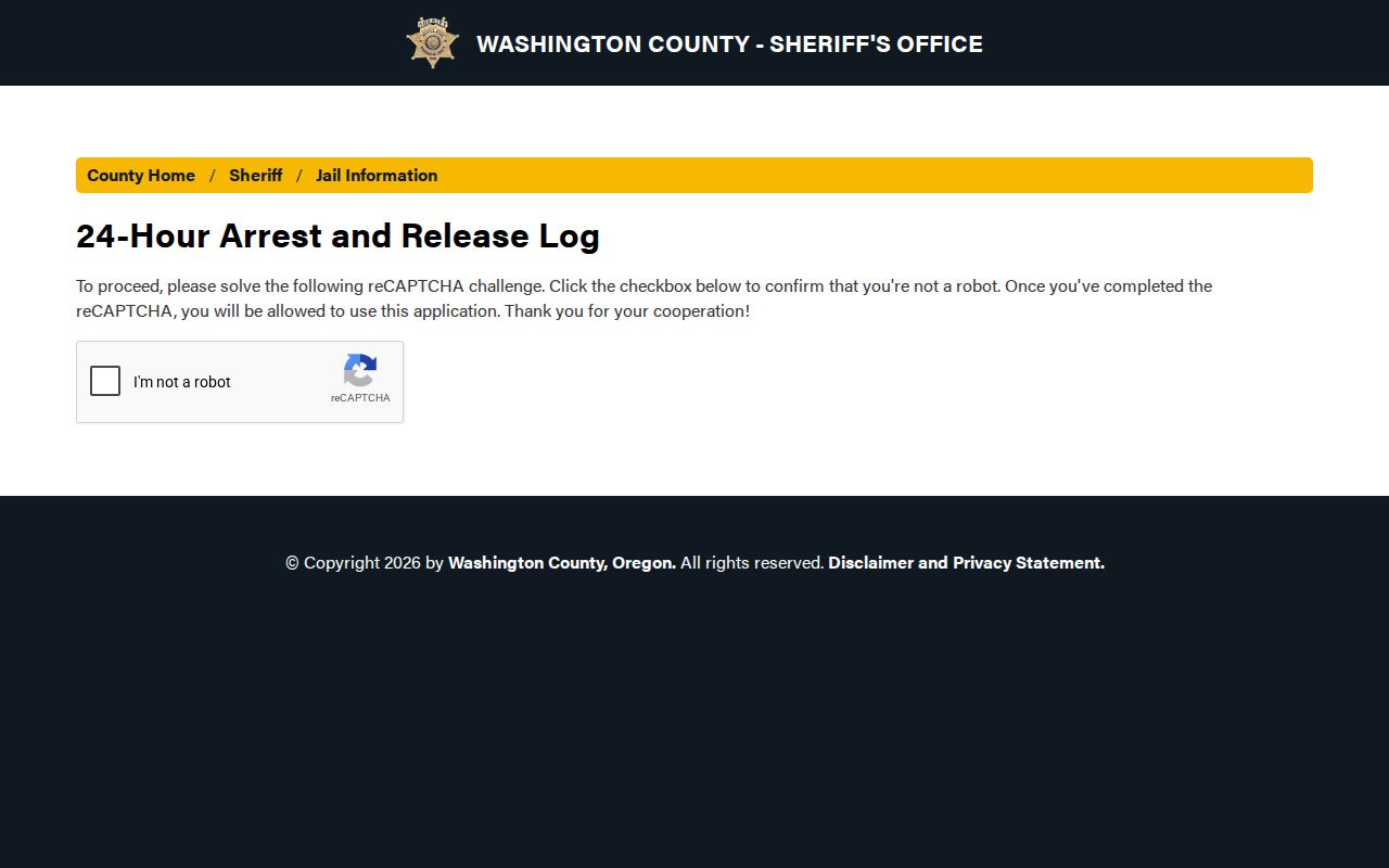 Washington County 24-hour arrest and release log interface